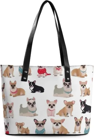 Cute Chihuahua Pug Pattern Leather Lady's Handbag Crossbody Purse for Women Ladies Soft Shoulder Bag Medium Roomy Handbag Fashion Tote Top Handle Satchel