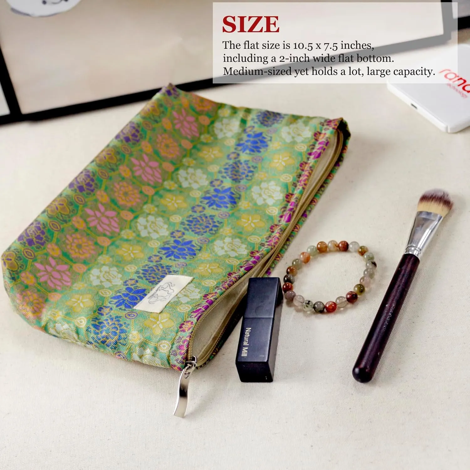 Cute Pouch Makeup Bag Cosmetic Toiletry Travel, Tote Purse Organizer, Machine Washable, Compact and Large Capacity, Bohemian Lotus Floral