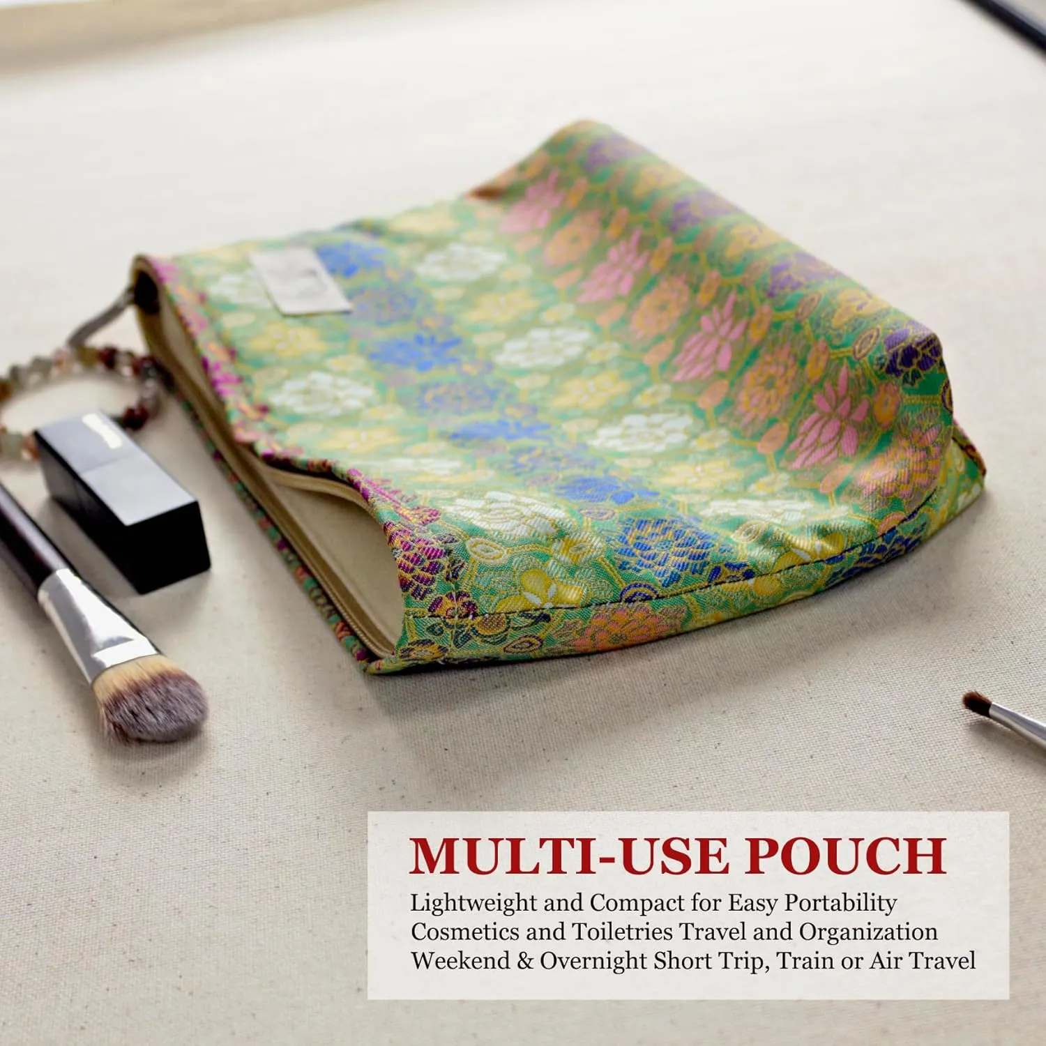 Cute Pouch Makeup Bag Cosmetic Toiletry Travel, Tote Purse Organizer, Machine Washable, Compact and Large Capacity, Bohemian Lotus Floral