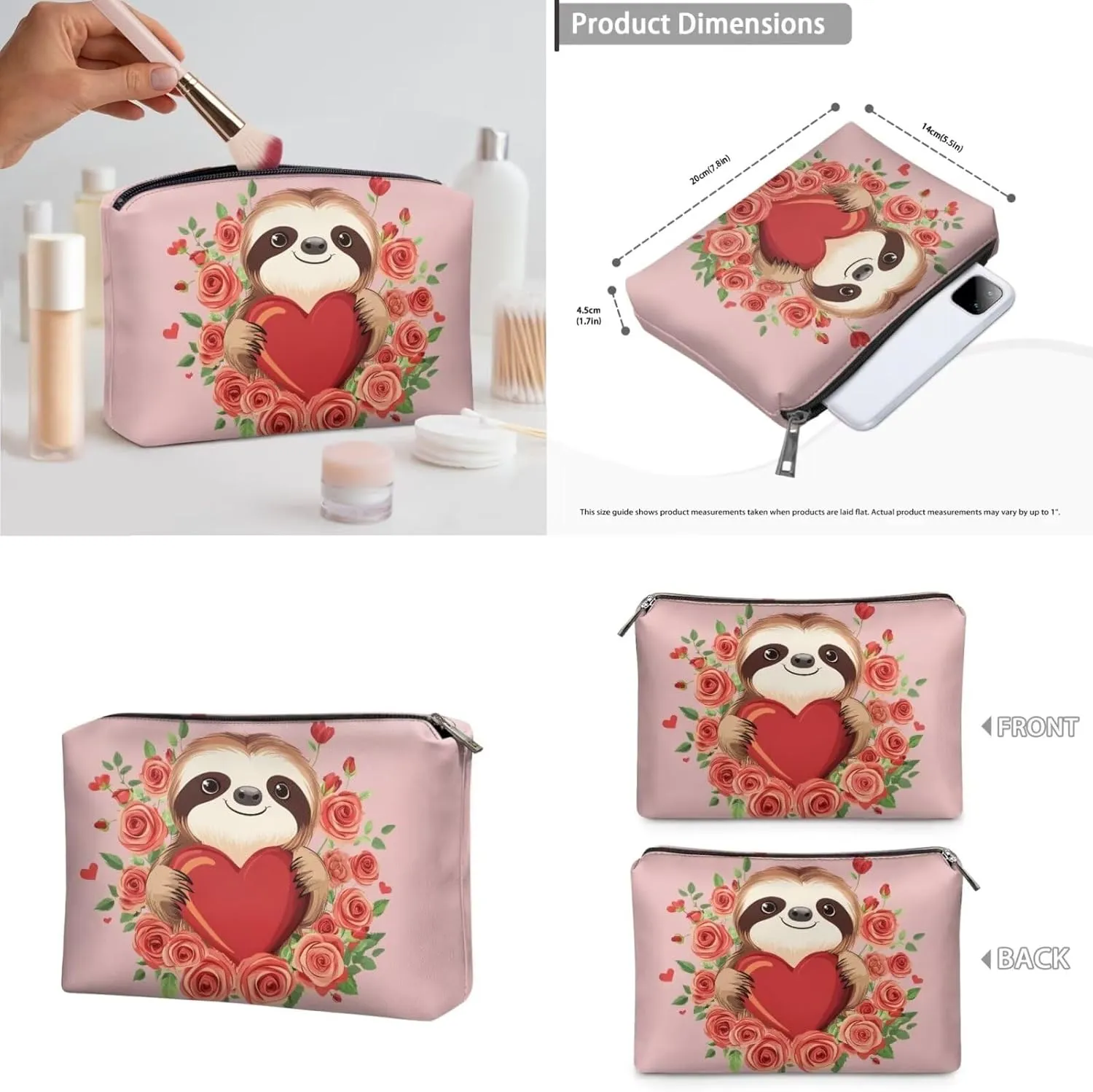 Cute Sloth Cosmetic Storage Organizer Rose and Heart Toiletry Bags for Brush Storage Stylish Versatile Pink Wash Bags Valentine's Day Womens Set of 3