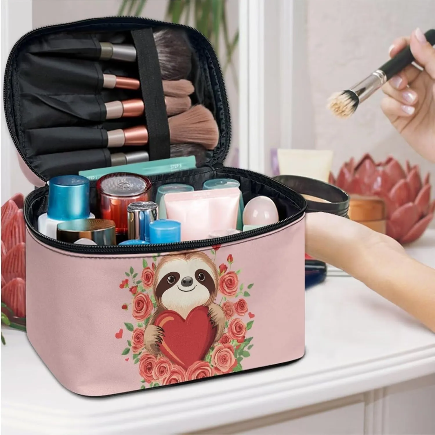 Cute Sloth Cosmetic Storage Organizer Rose and Heart Toiletry Bags for Brush Storage Stylish Versatile Pink Wash Bags Valentine's Day Womens Set of 3