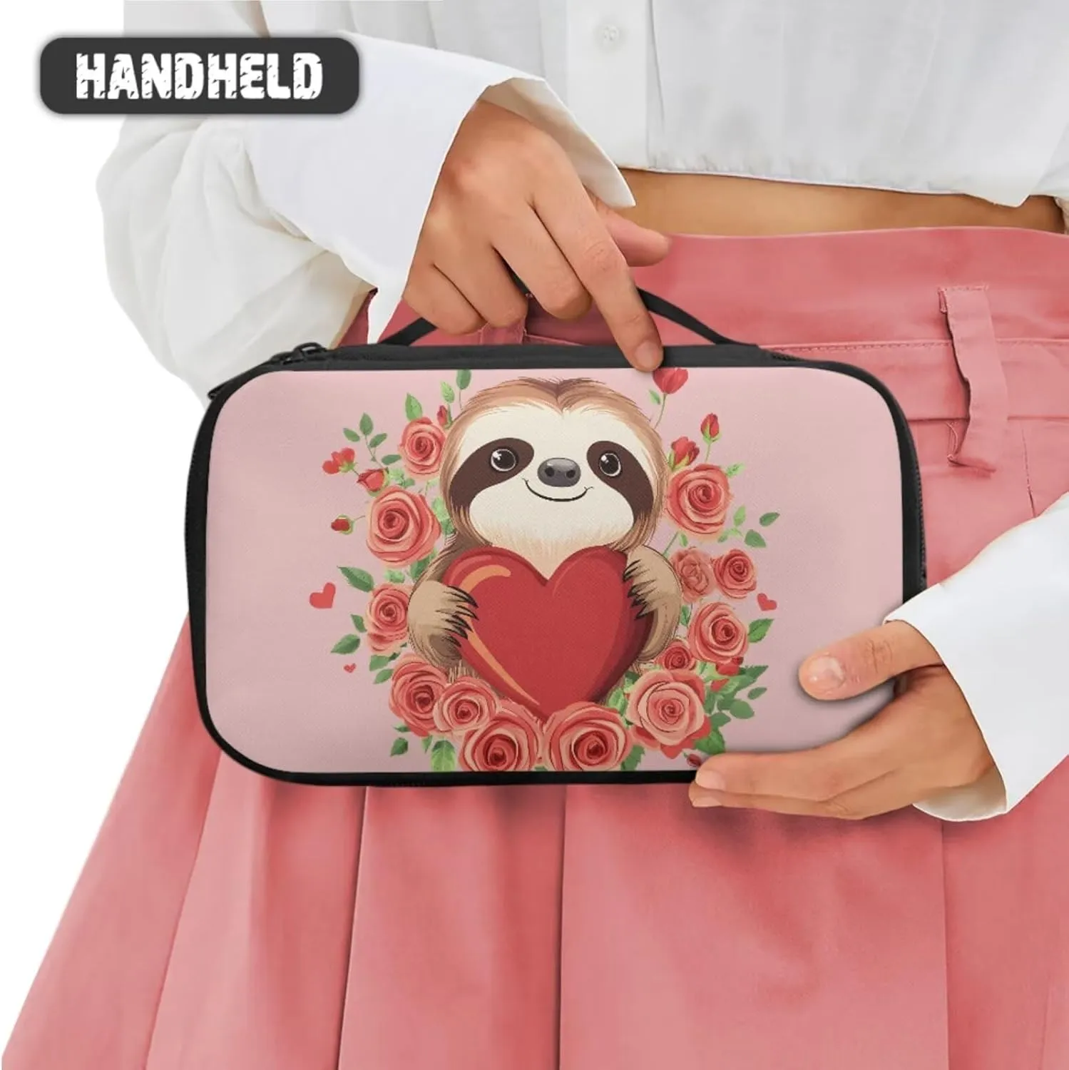 Cute Sloth Cosmetic Storage Organizer Rose and Heart Toiletry Bags for Brush Storage Stylish Versatile Pink Wash Bags Valentine's Day Womens Set of 3