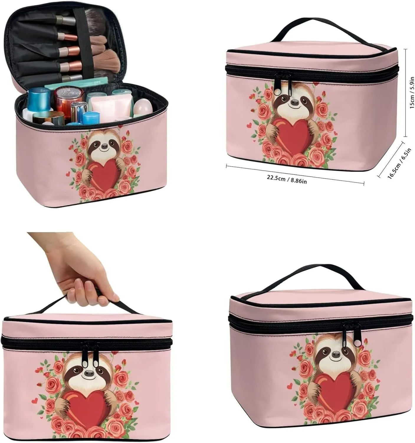 Cute Sloth Cosmetic Storage Organizer Rose and Heart Toiletry Bags for Brush Storage Stylish Versatile Pink Wash Bags Valentine's Day Womens Set of 3