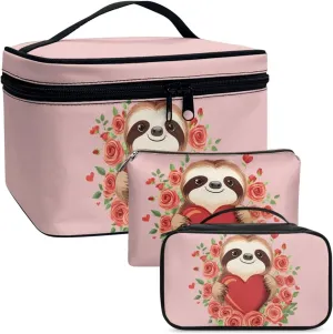 Cute Sloth Cosmetic Storage Organizer Rose and Heart Toiletry Bags for Brush Storage Stylish Versatile Pink Wash Bags Valentine's Day Womens Set of 3