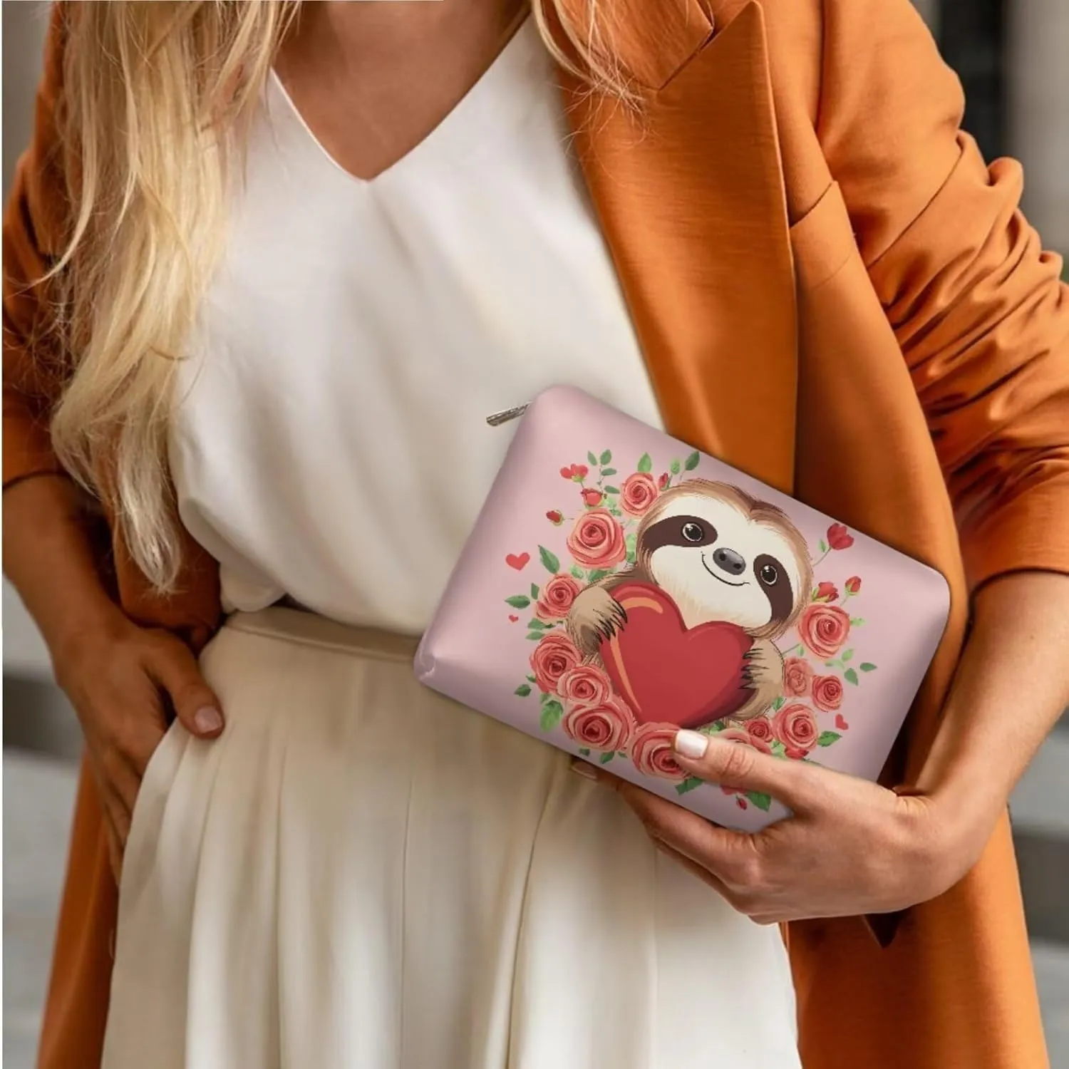 Cute Sloth Cosmetic Storage Organizer Rose and Heart Toiletry Bags for Brush Storage Stylish Versatile Pink Wash Bags Valentine's Day Womens Set of 3