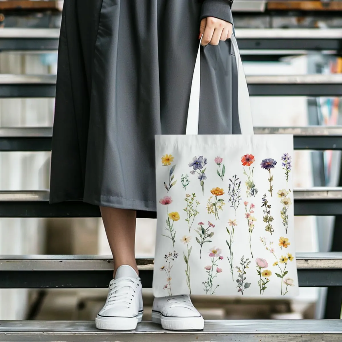 Cute Tote Bag for Women Watercolor Flower Gifts Botanical Floral Strawberry Reusable Grocery Bags Cat Lover Gifts