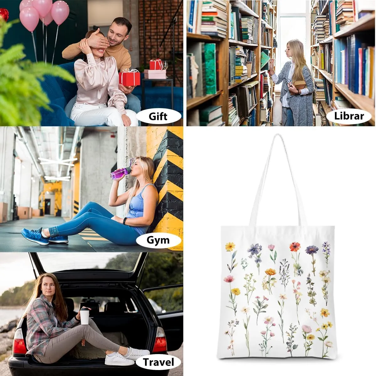 Cute Tote Bag for Women Watercolor Flower Gifts Botanical Floral Strawberry Reusable Grocery Bags Cat Lover Gifts