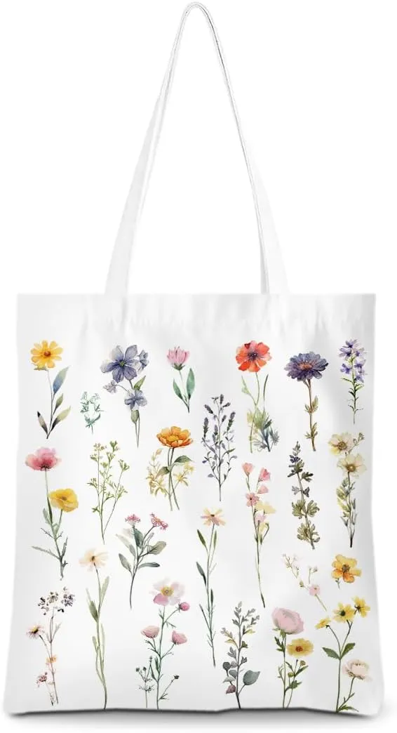 Cute Tote Bag for Women Watercolor Flower Gifts Botanical Floral Strawberry Reusable Grocery Bags Cat Lover Gifts
