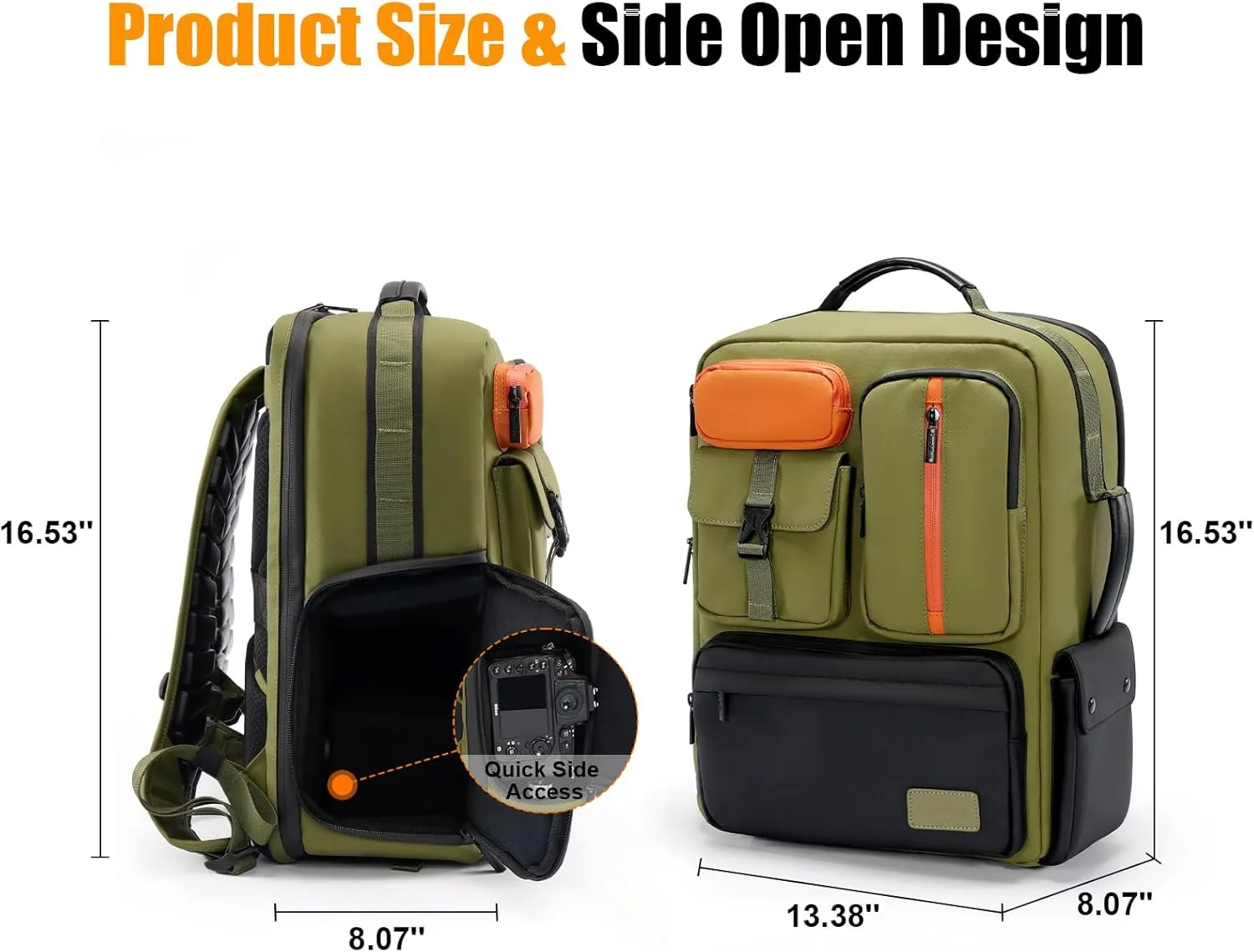 Cwatcun Professional Camera Backpack, Waterproof Camera Bag for Photographers, Camera Case with Tripod Holder & Laptop Compatible for Canon Nikon Sony Fuji DSLR SLR Mirrorless Camera, Green