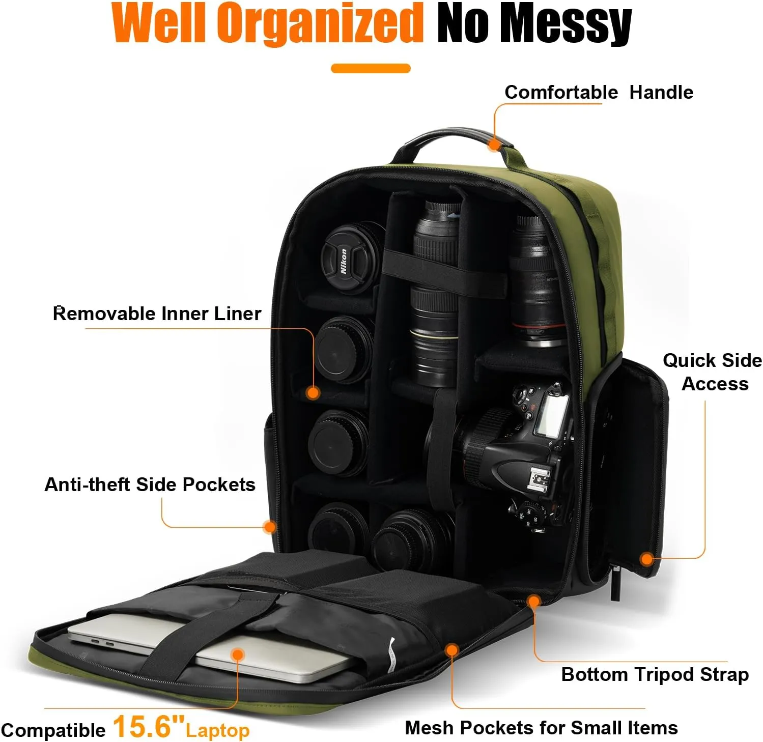 Cwatcun Professional Camera Backpack, Waterproof Camera Bag for Photographers, Camera Case with Tripod Holder & Laptop Compatible for Canon Nikon Sony Fuji DSLR SLR Mirrorless Camera, Green