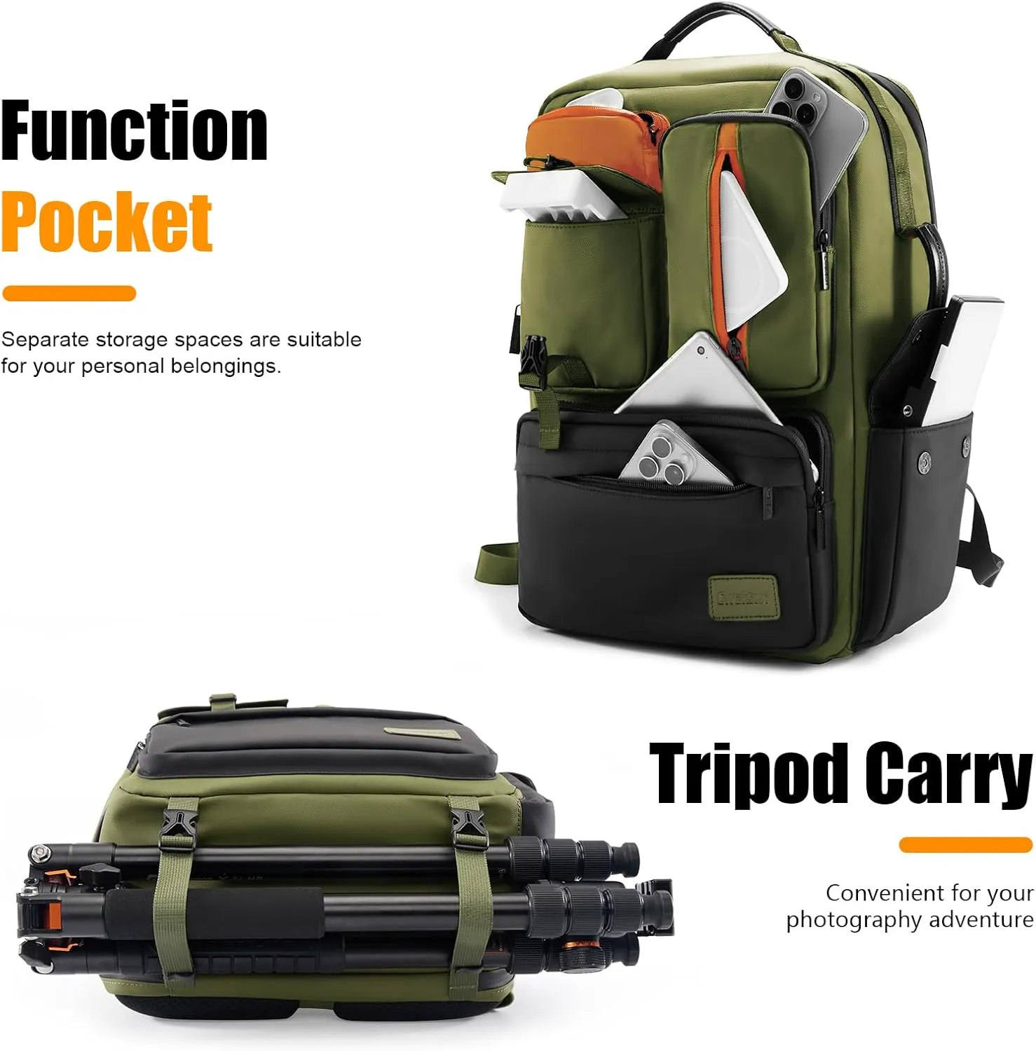 Cwatcun Professional Camera Backpack, Waterproof Camera Bag for Photographers, Camera Case with Tripod Holder & Laptop Compatible for Canon Nikon Sony Fuji DSLR SLR Mirrorless Camera, Green