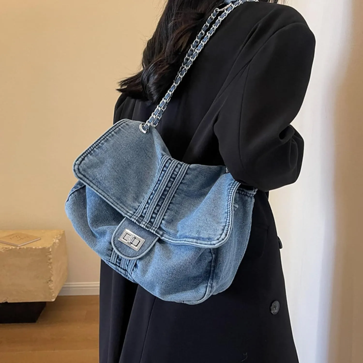 Denim Purse for Women Jean Purses Tote Bag for Womens Handbags Work Bags Jean Shoulder Bag Trendy Crossbody Bags