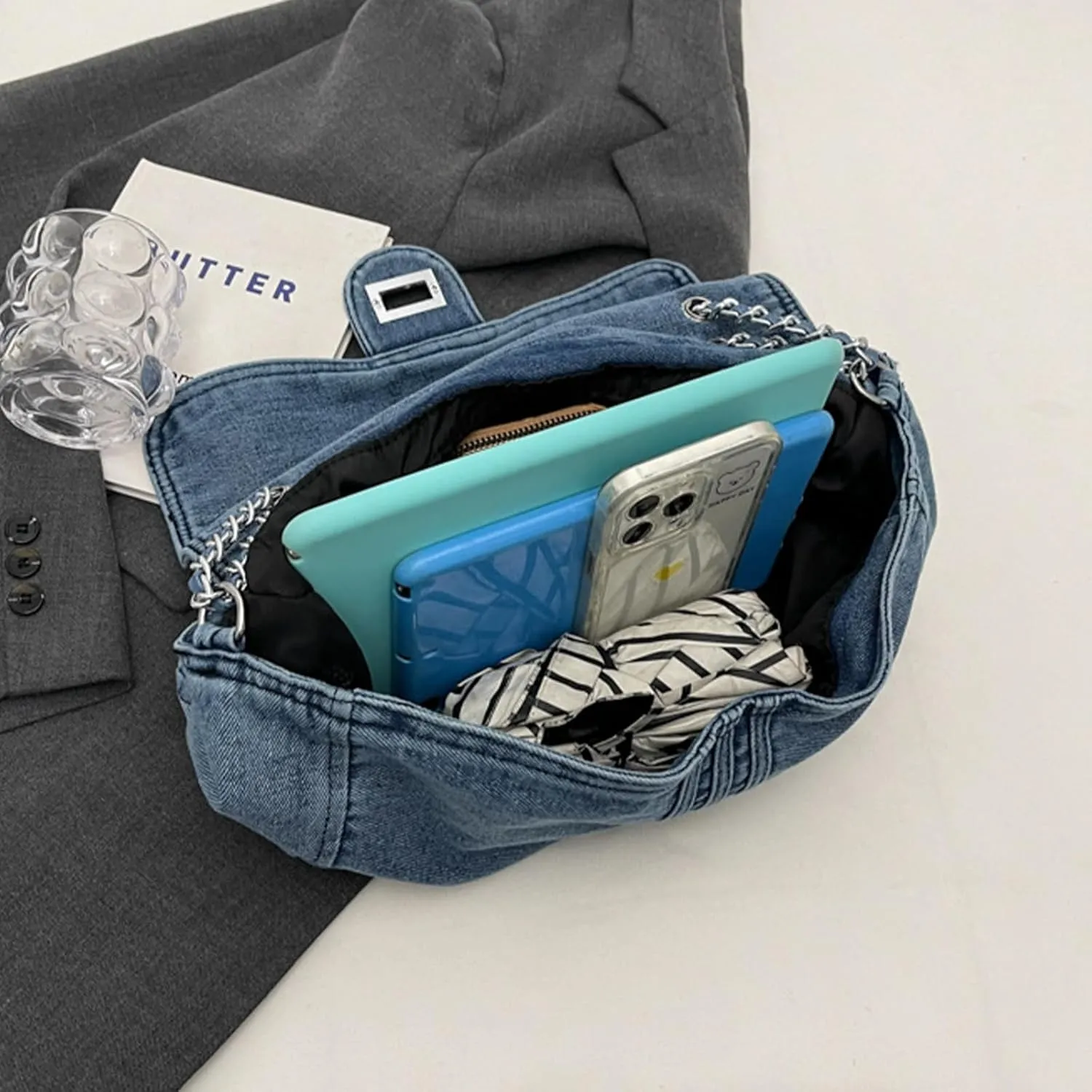 Denim Purse for Women Jean Purses Tote Bag for Womens Handbags Work Bags Jean Shoulder Bag Trendy Crossbody Bags