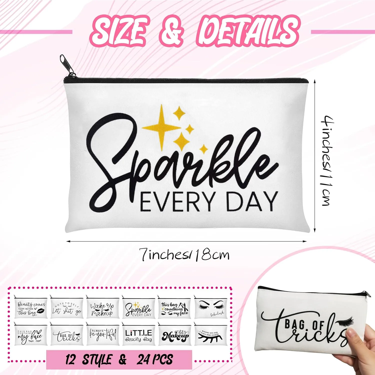 Denylo pro 24 Pieces Makeup Bags Bulk Cosmetic Bags Printed Roomy Toiletry Bag Beauty Bag Organizer Pouches with Zipper Makeup Accessories for Women Girls Teacher Birthday Friendship Gifts
