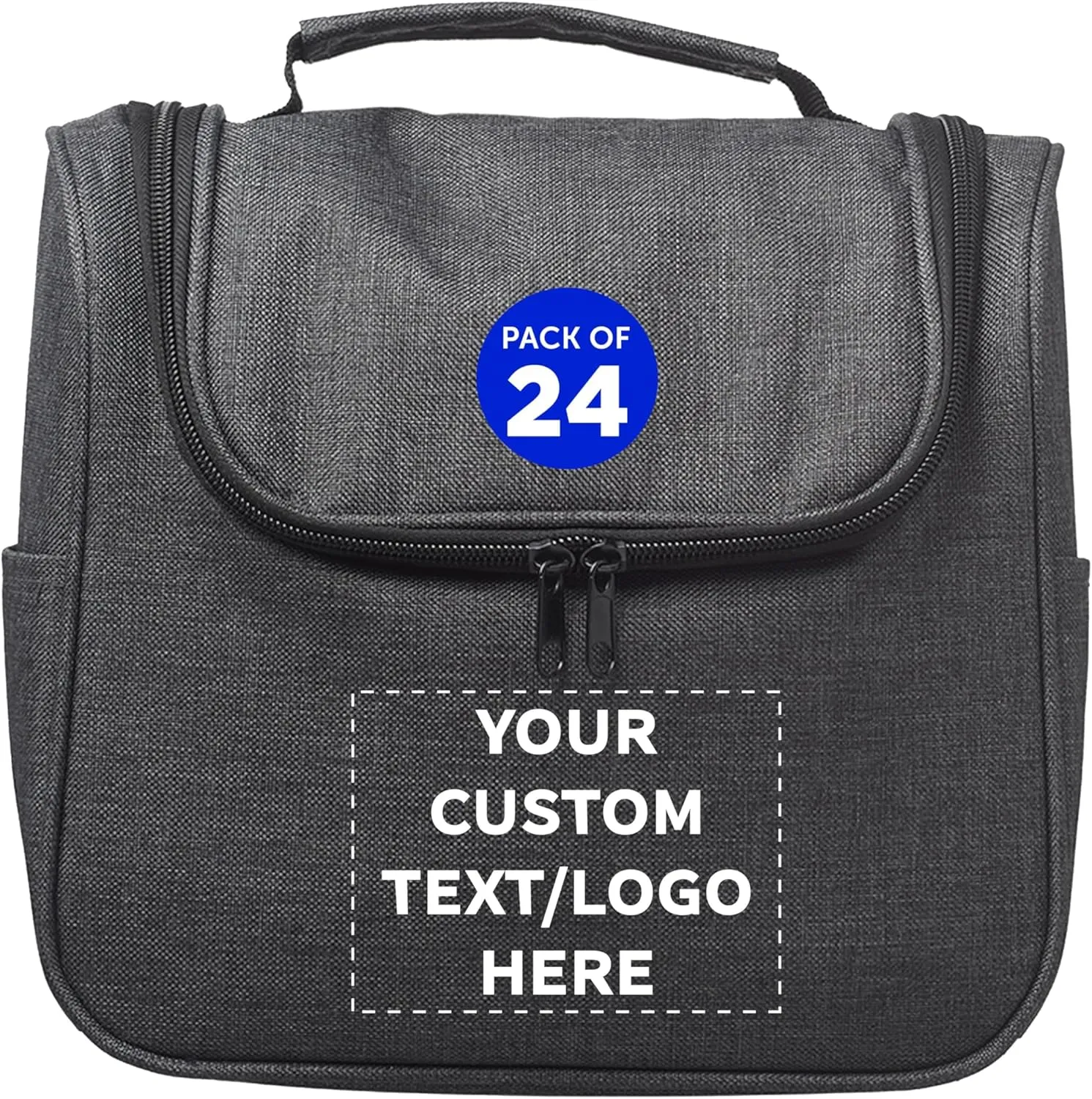 DISCOUNT PROMOS Custom Road Trip Heathered Toiletry Bags Set of 24, Personalized Bulk Pack - Versatile, Bring Everywhere You Go, Perfect for Travelling or Even at Home - Black - 10"X9"X4.75"