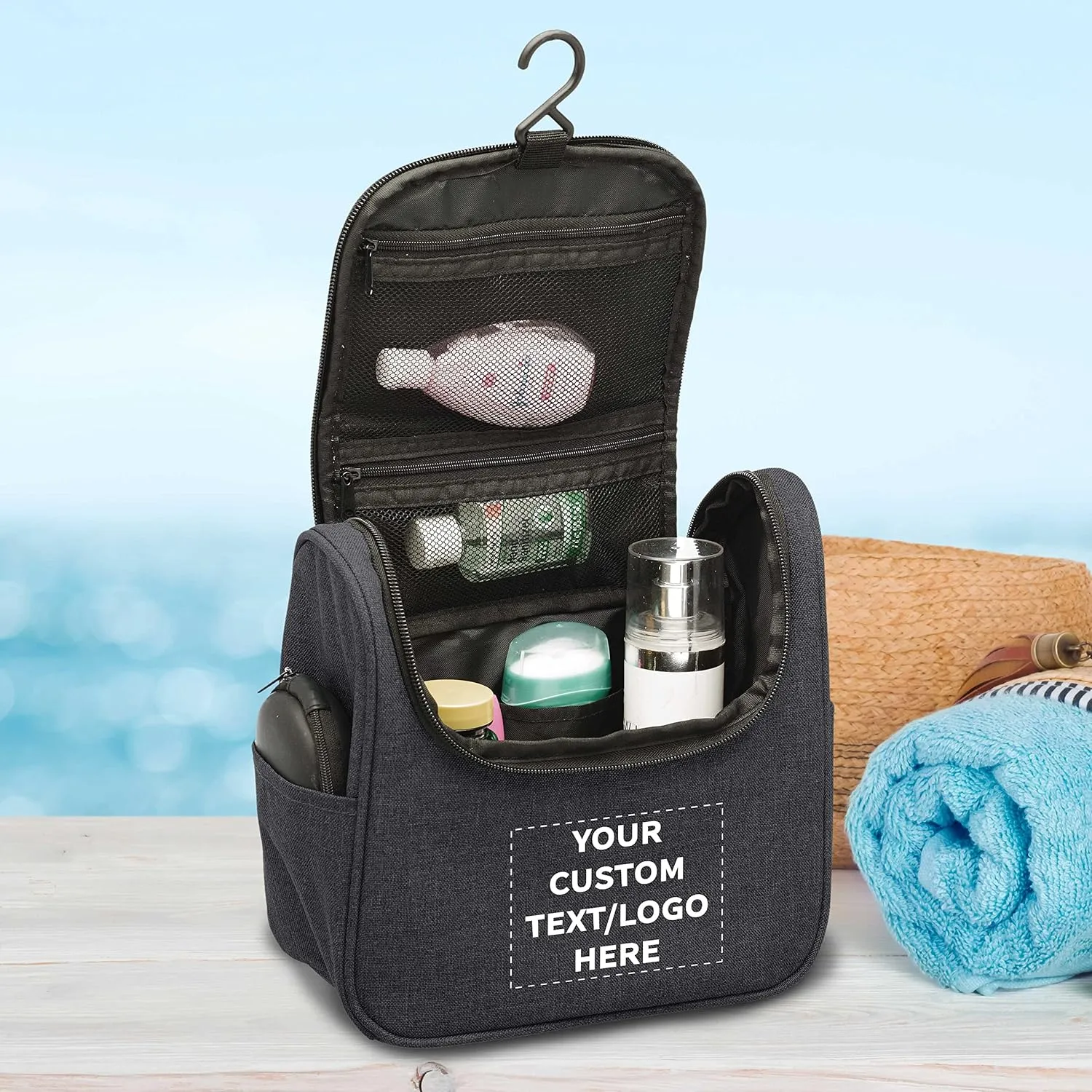DISCOUNT PROMOS Custom Road Trip Heathered Toiletry Bags Set of 24, Personalized Bulk Pack - Versatile, Bring Everywhere You Go, Perfect for Travelling or Even at Home - Black - 10"X9"X4.75"