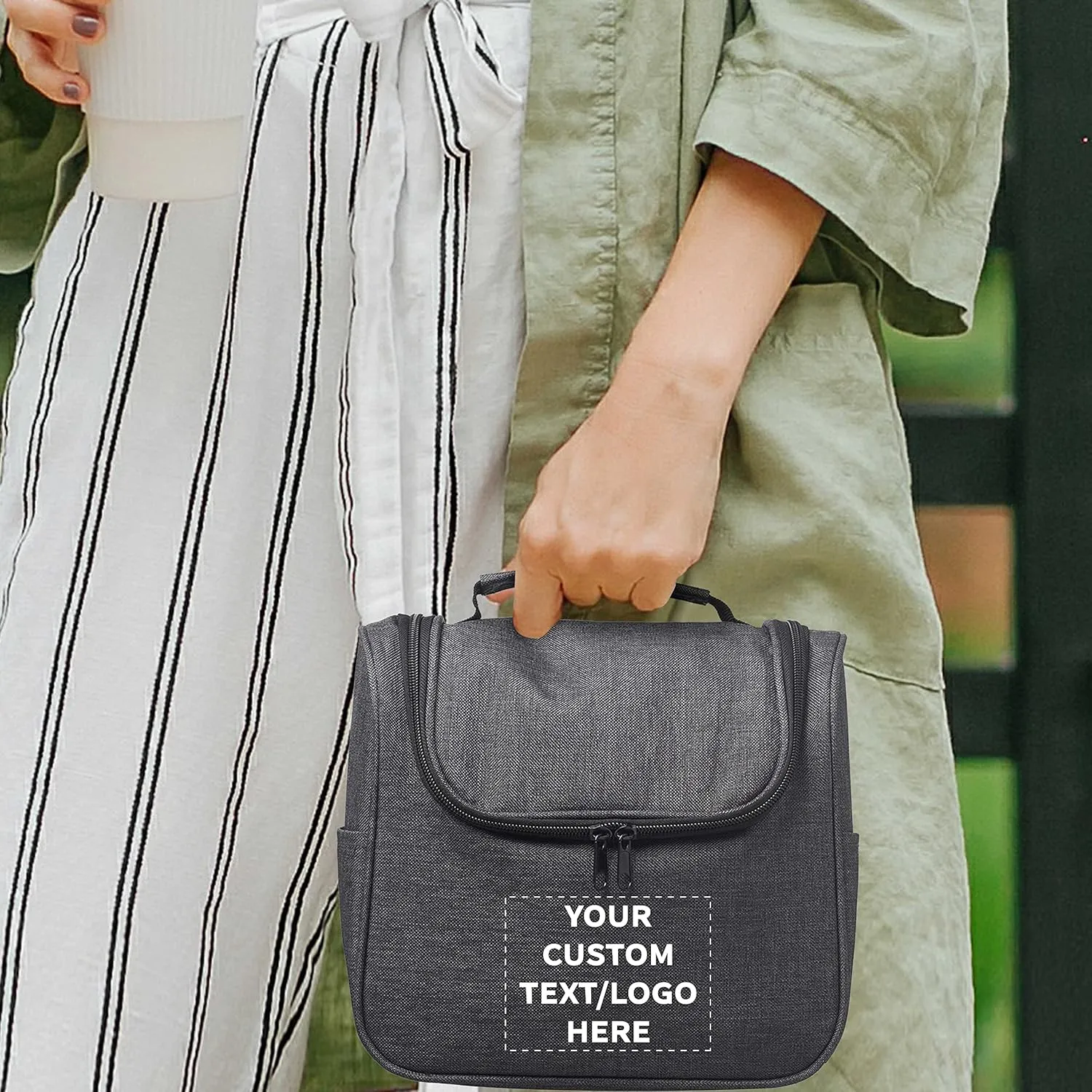 DISCOUNT PROMOS Custom Road Trip Heathered Toiletry Bags Set of 24, Personalized Bulk Pack - Versatile, Bring Everywhere You Go, Perfect for Travelling or Even at Home - Black - 10"X9"X4.75"
