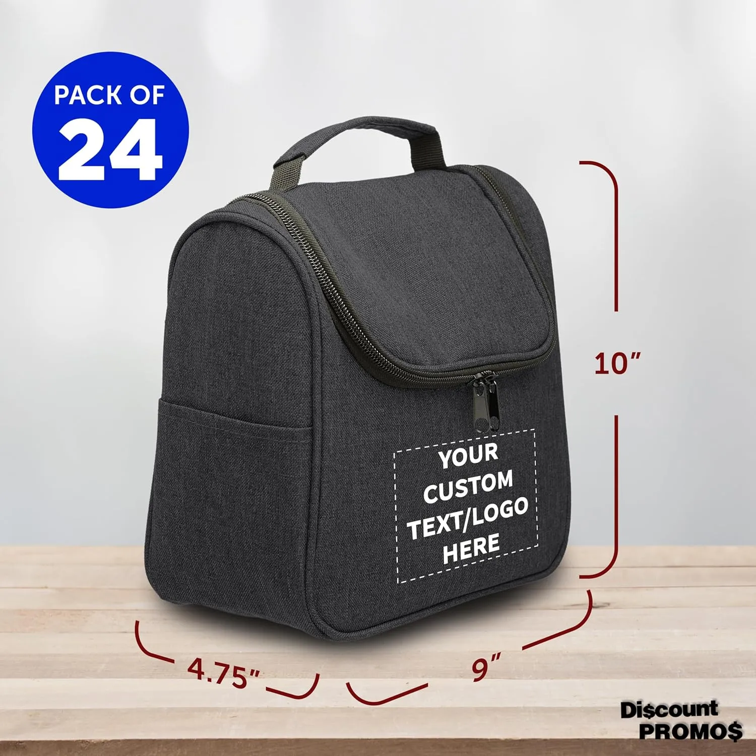 DISCOUNT PROMOS Custom Road Trip Heathered Toiletry Bags Set of 24, Personalized Bulk Pack - Versatile, Bring Everywhere You Go, Perfect for Travelling or Even at Home - Black - 10"X9"X4.75"