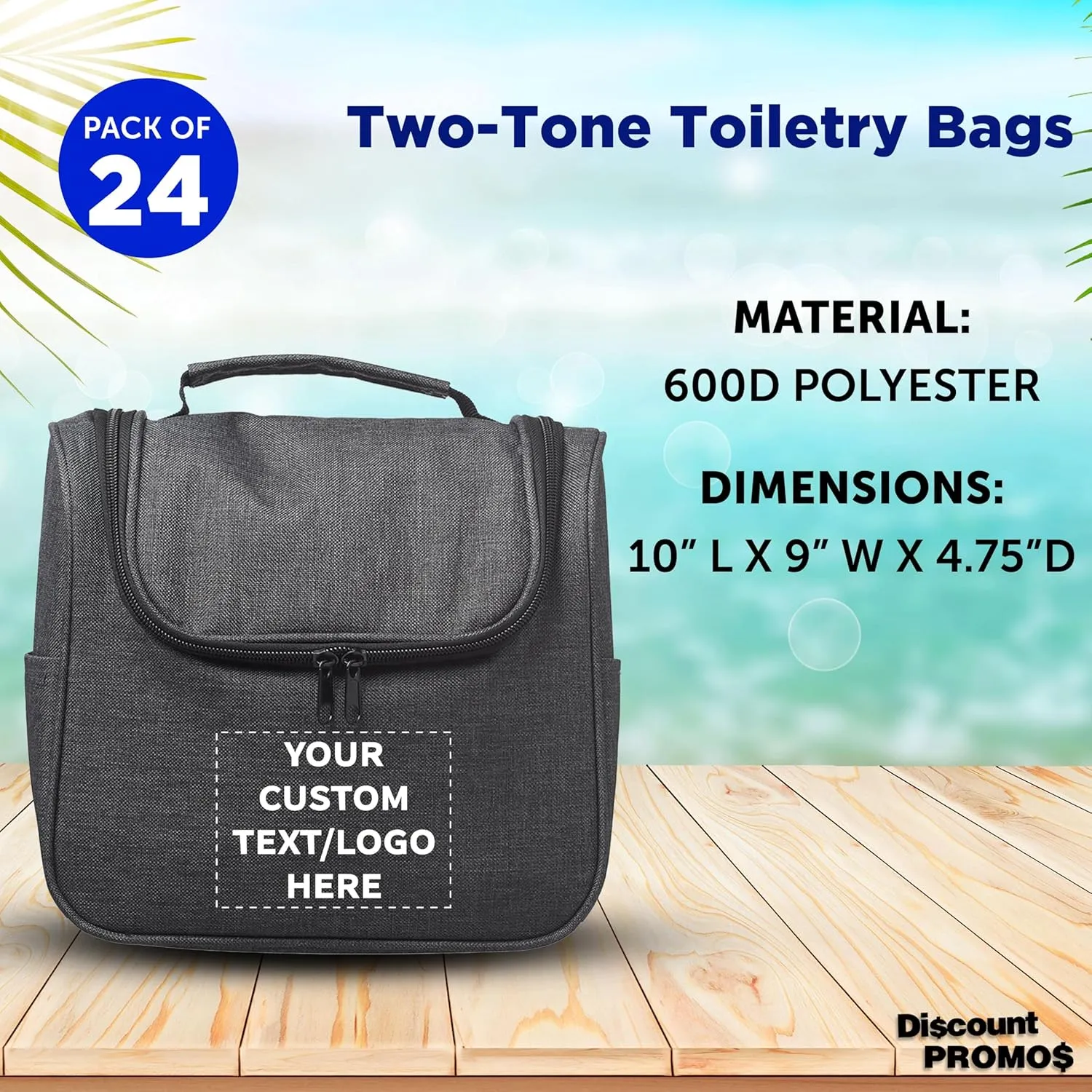 DISCOUNT PROMOS Custom Road Trip Heathered Toiletry Bags Set of 24, Personalized Bulk Pack - Versatile, Bring Everywhere You Go, Perfect for Travelling or Even at Home - Black - 10"X9"X4.75"