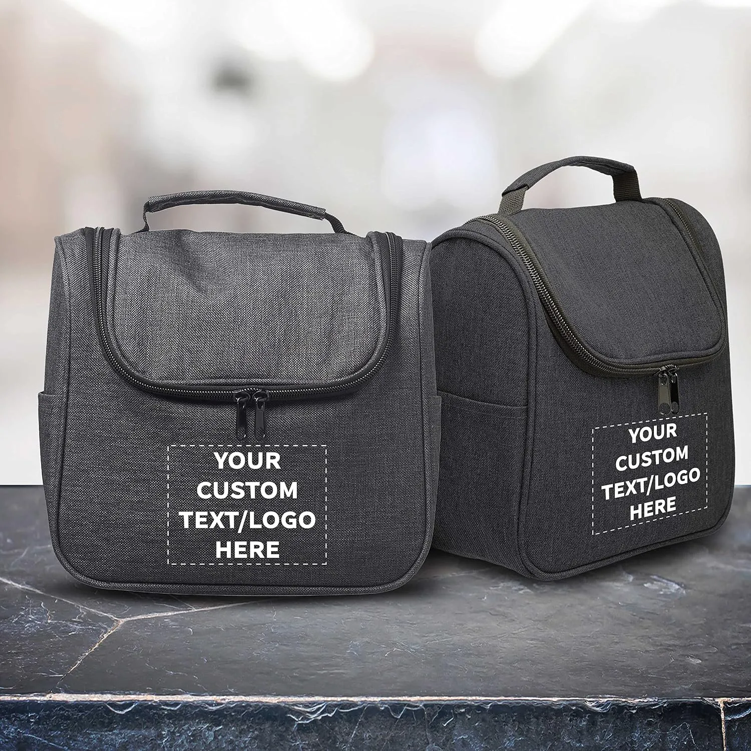 DISCOUNT PROMOS Custom Road Trip Heathered Toiletry Bags Set of 24, Personalized Bulk Pack - Versatile, Bring Everywhere You Go, Perfect for Travelling or Even at Home - Black - 10"X9"X4.75"