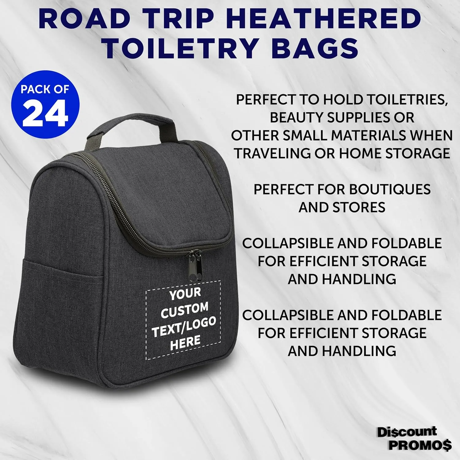 DISCOUNT PROMOS Custom Road Trip Heathered Toiletry Bags Set of 24, Personalized Bulk Pack - Versatile, Bring Everywhere You Go, Perfect for Travelling or Even at Home - Black - 10"X9"X4.75"