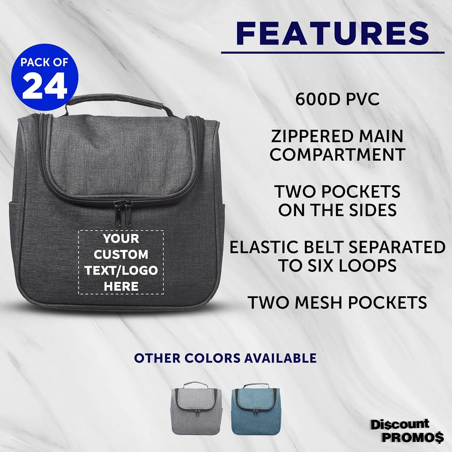 DISCOUNT PROMOS Custom Road Trip Heathered Toiletry Bags Set of 24, Personalized Bulk Pack - Versatile, Bring Everywhere You Go, Perfect for Travelling or Even at Home - Black - 10"X9"X4.75"