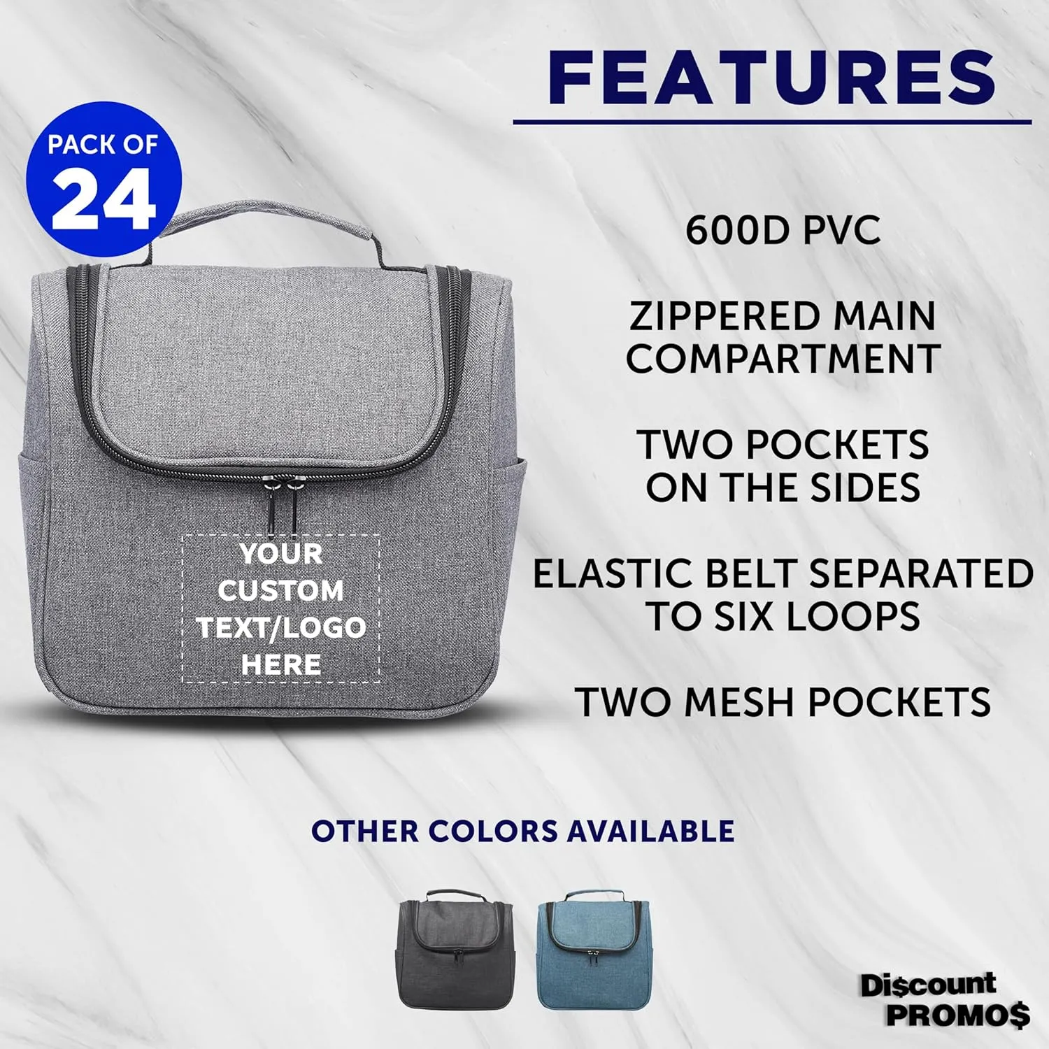 DISCOUNT PROMOS Custom Road Trip Heathered Toiletry Bags Set of 24, Personalized Bulk Pack - Versatile, Bring Everywhere You Go, Perfect for Travelling or Even at Home - Grey - 10"X9"X4.75"