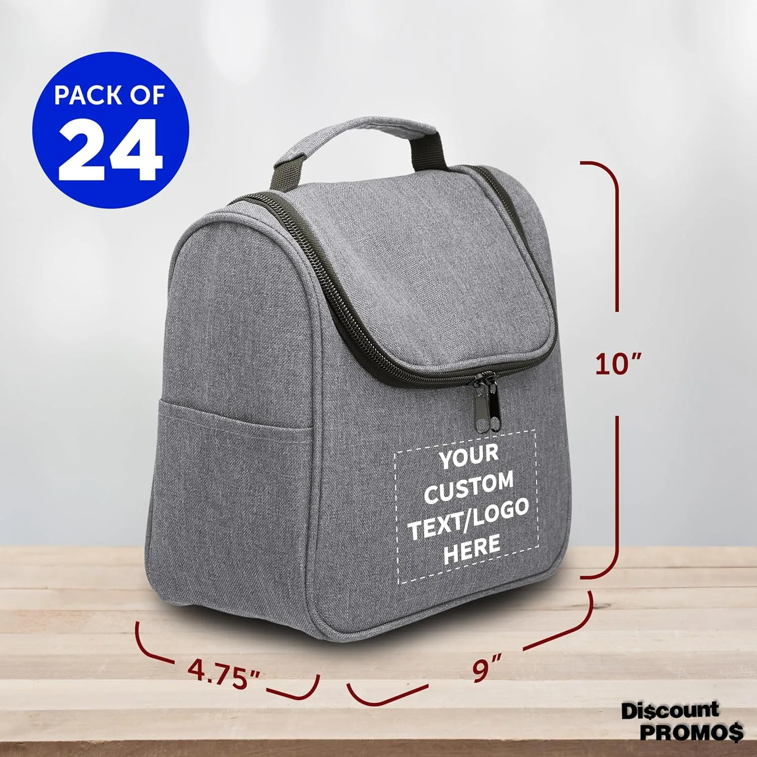 DISCOUNT PROMOS Custom Road Trip Heathered Toiletry Bags Set of 24, Personalized Bulk Pack - Versatile, Bring Everywhere You Go, Perfect for Travelling or Even at Home - Grey - 10"X9"X4.75"