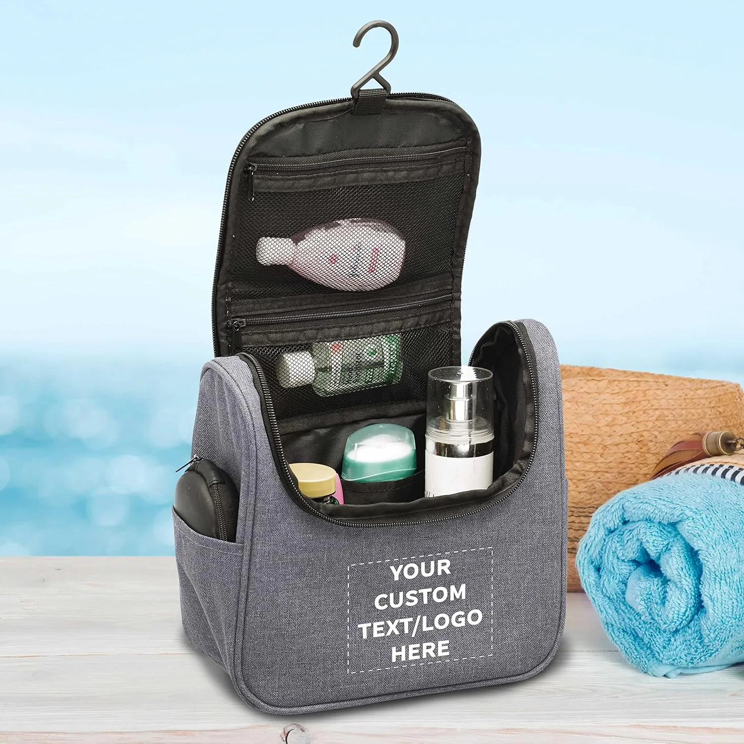 DISCOUNT PROMOS Custom Road Trip Heathered Toiletry Bags Set of 24, Personalized Bulk Pack - Versatile, Bring Everywhere You Go, Perfect for Travelling or Even at Home - Grey - 10"X9"X4.75"