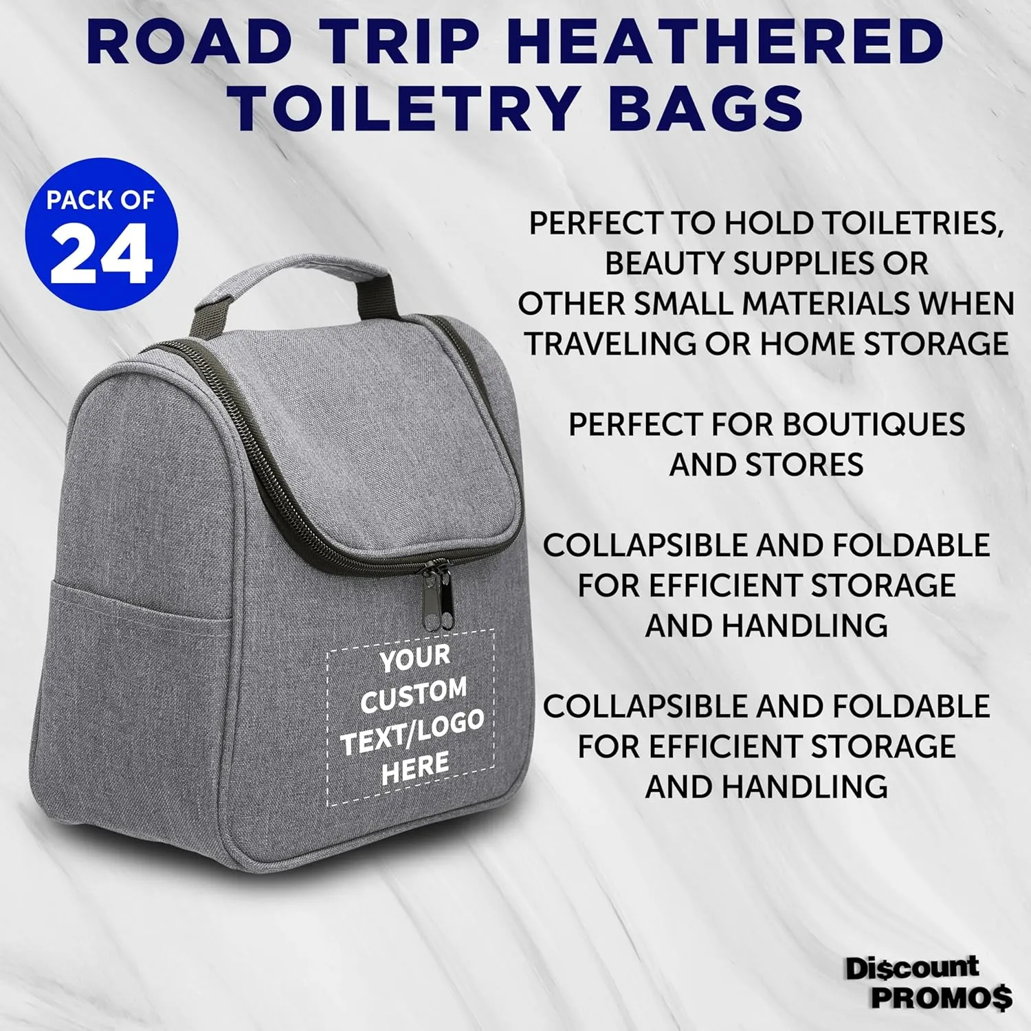 DISCOUNT PROMOS Custom Road Trip Heathered Toiletry Bags Set of 24, Personalized Bulk Pack - Versatile, Bring Everywhere You Go, Perfect for Travelling or Even at Home - Grey - 10"X9"X4.75"