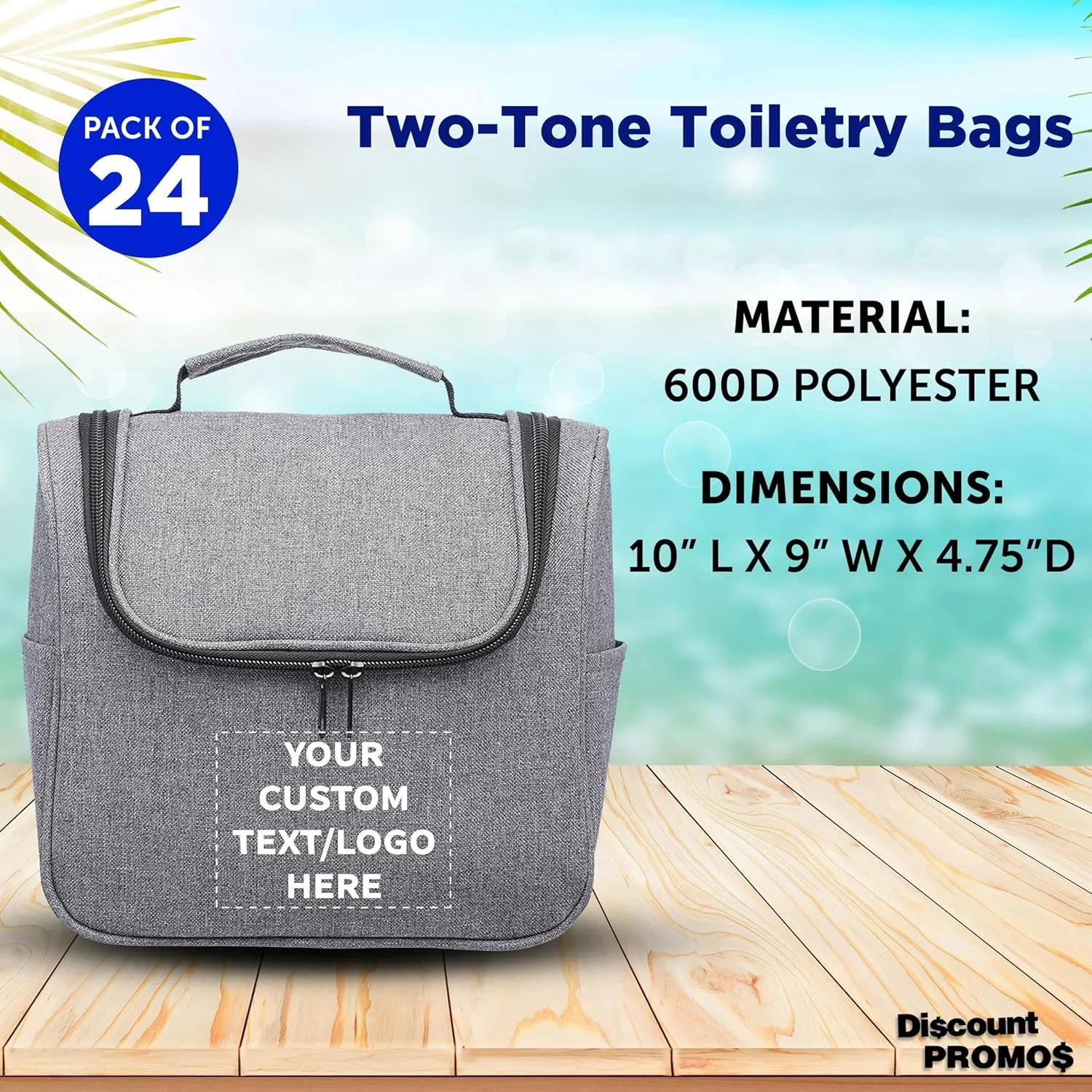 DISCOUNT PROMOS Custom Road Trip Heathered Toiletry Bags Set of 24, Personalized Bulk Pack - Versatile, Bring Everywhere You Go, Perfect for Travelling or Even at Home - Grey - 10"X9"X4.75"
