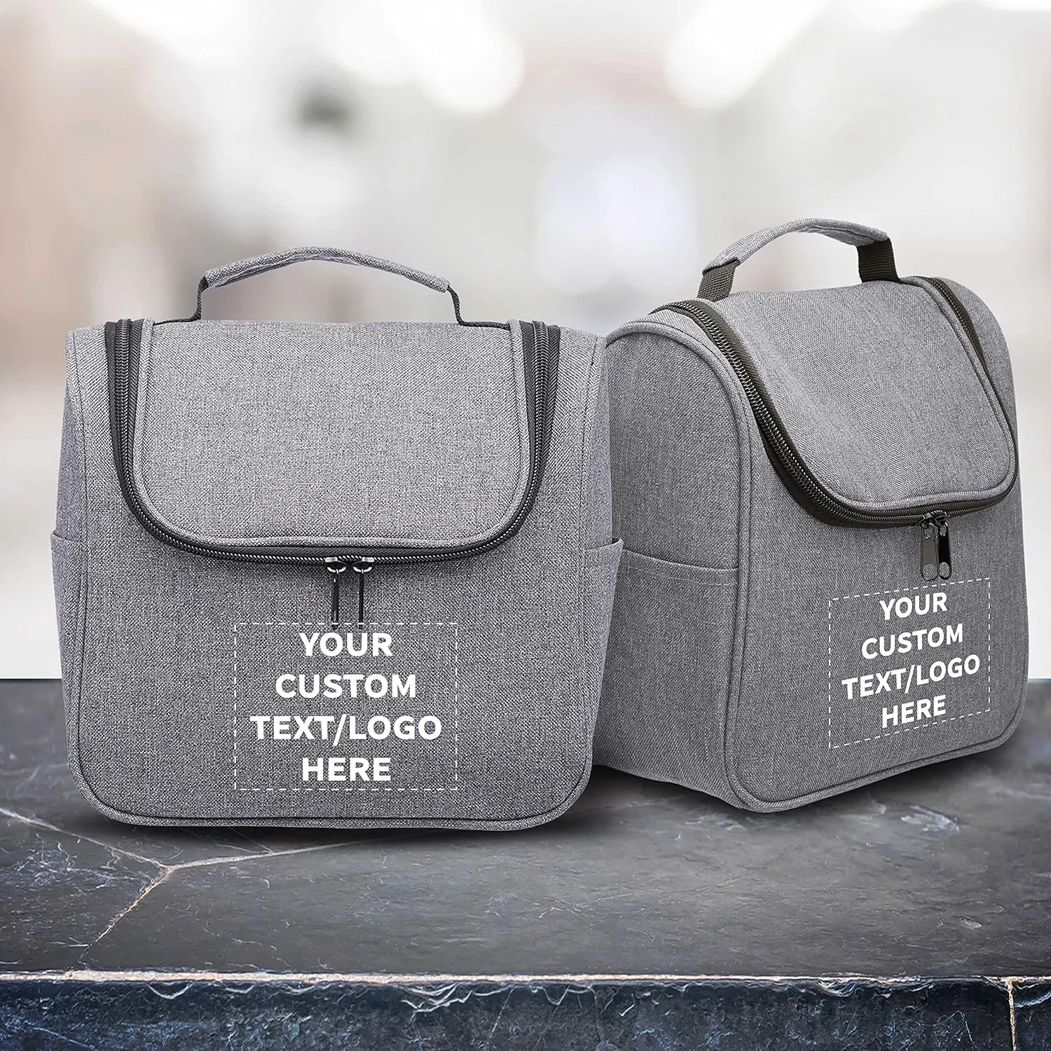 DISCOUNT PROMOS Custom Road Trip Heathered Toiletry Bags Set of 24, Personalized Bulk Pack - Versatile, Bring Everywhere You Go, Perfect for Travelling or Even at Home - Grey - 10"X9"X4.75"