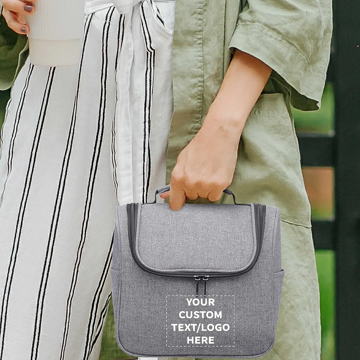 DISCOUNT PROMOS Custom Road Trip Heathered Toiletry Bags Set of 24, Personalized Bulk Pack - Versatile, Bring Everywhere You Go, Perfect for Travelling or Even at Home - Grey - 10"X9"X4.75"