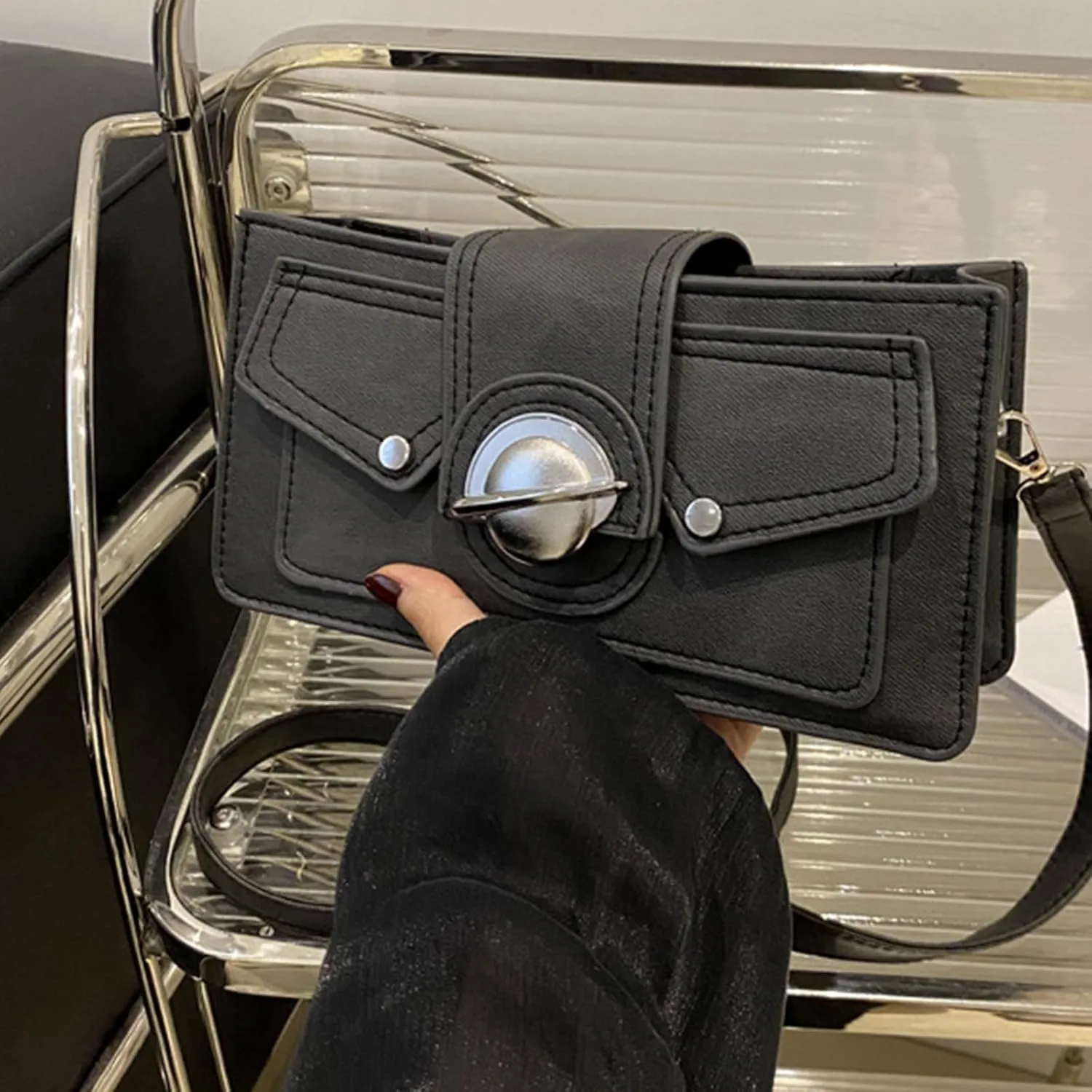 Elegant Shoulder Bag PU Leather Crossbody Purse Versatile Black Handbag Evening Bags Satchel for Women and Girls