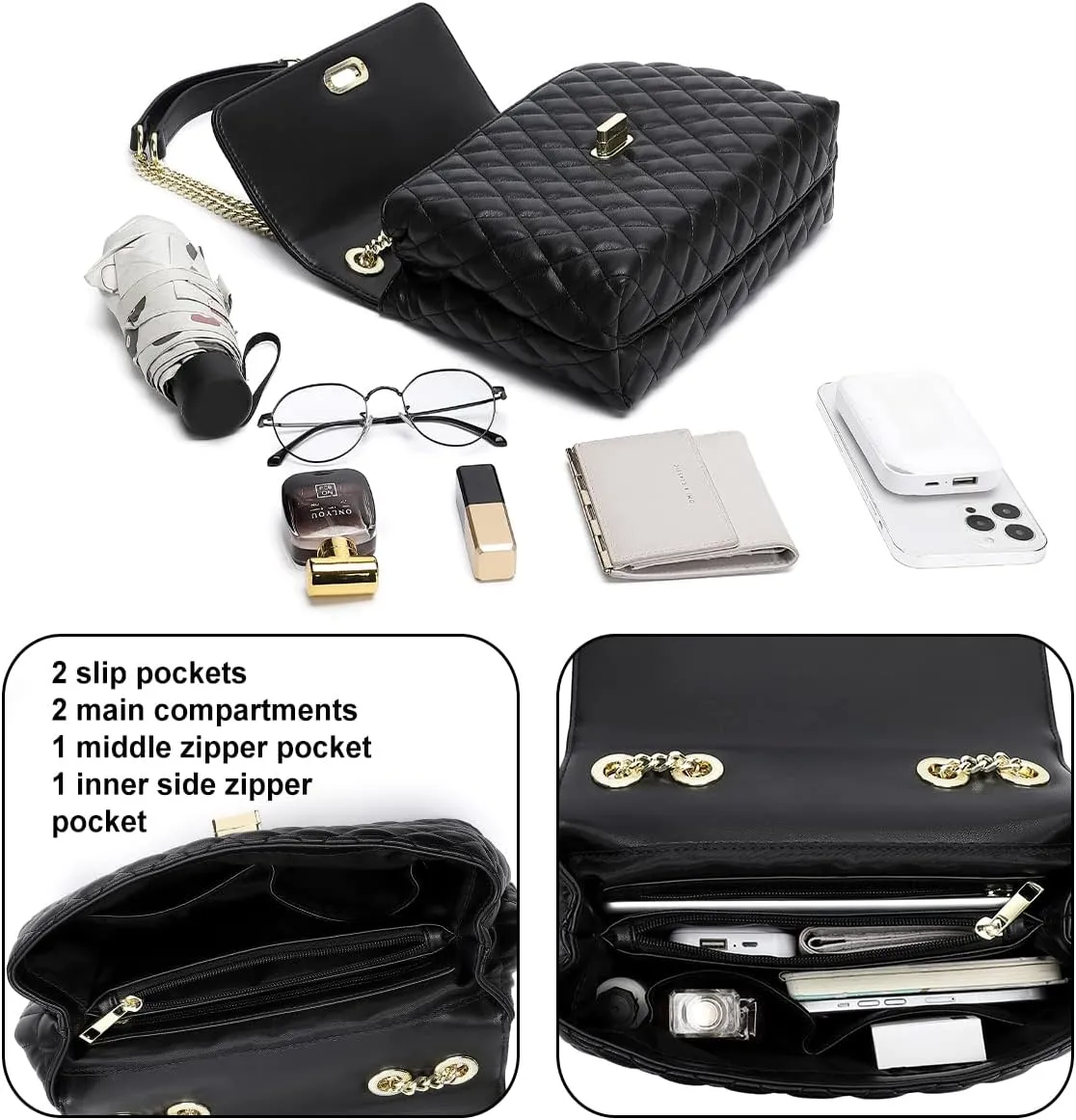 ER.Roulour Quilted Crossbody Bags for Women, Trendy Roomy Shoulder Handbags with Flap Gold Hardware Chain Purses Shoulder Bag