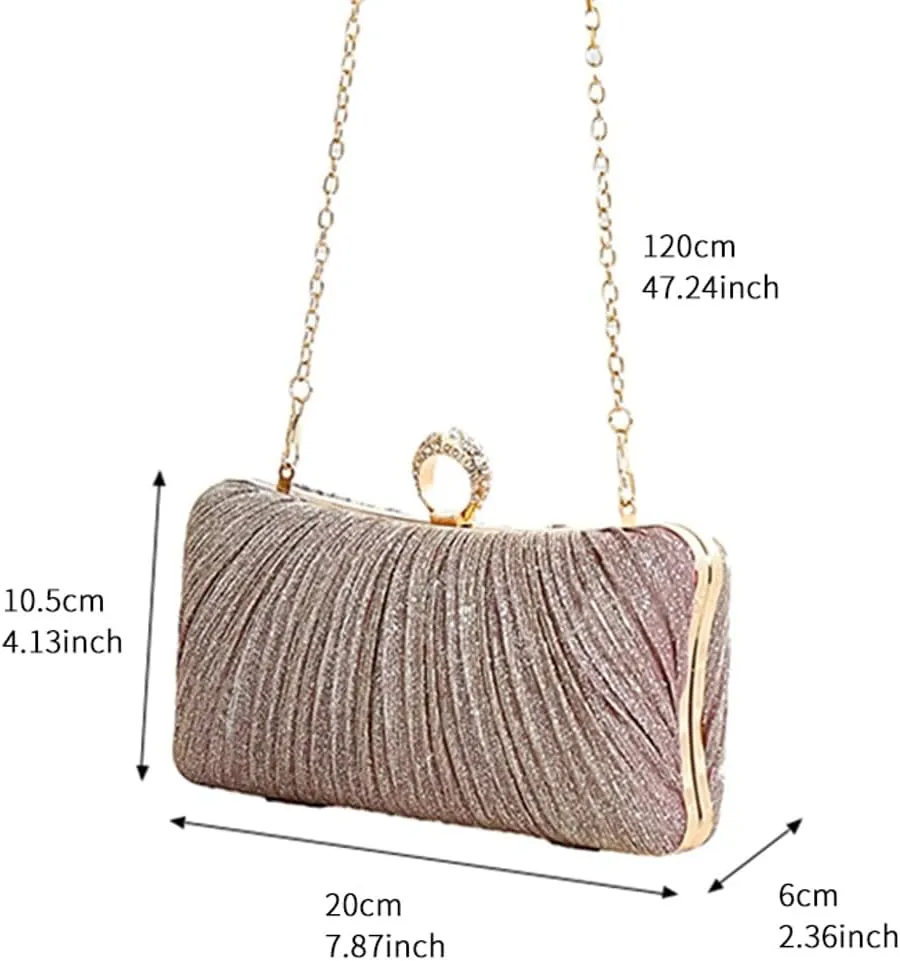 Evening Party Bags for Women Summer Wedding Clutch Purses Pleated Handbag with Rhinestone Ring for Formal Occasion