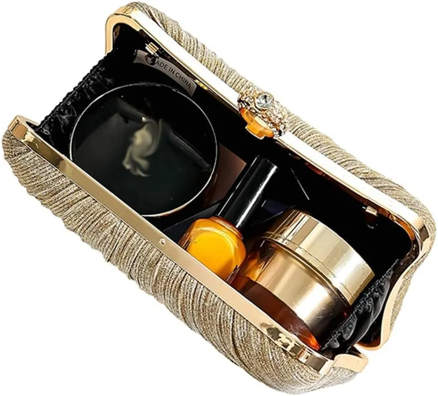 Evening Party Bags for Women Summer Wedding Clutch Purses Pleated Handbag with Rhinestone Ring for Formal Occasion