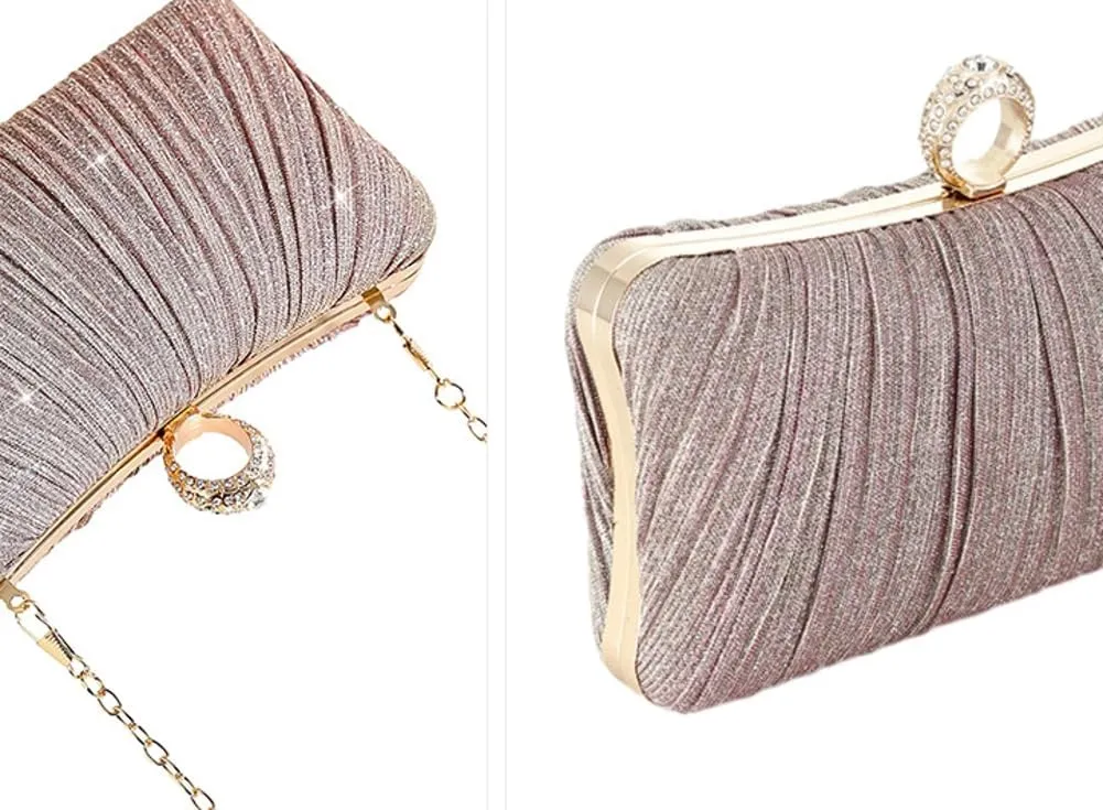 Evening Party Bags for Women Summer Wedding Clutch Purses Pleated Handbag with Rhinestone Ring for Formal Occasion