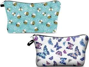 Evergoo 2 Pieces Funny Cosmetic Pouch for Women, Allover Printed Small Zipper Pouches Adorable Makeup Bags Roomy Toiletry Pouch Travel Accessories Organizer Gifts-Bee & Butterfly