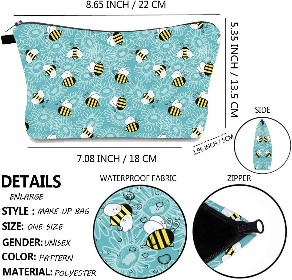 Evergoo 2 Pieces Funny Cosmetic Pouch for Women, Allover Printed Small Zipper Pouches Adorable Makeup Bags Roomy Toiletry Pouch Travel Accessories Organizer Gifts-Bee & Butterfly