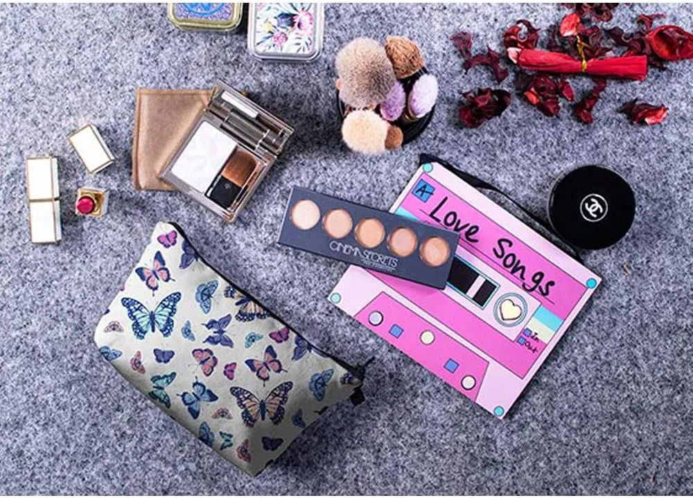 Evergoo 2 Pieces Funny Cosmetic Pouch for Women, Allover Printed Small Zipper Pouches Adorable Makeup Bags Roomy Toiletry Pouch Travel Accessories Organizer Gifts-Bee & Butterfly