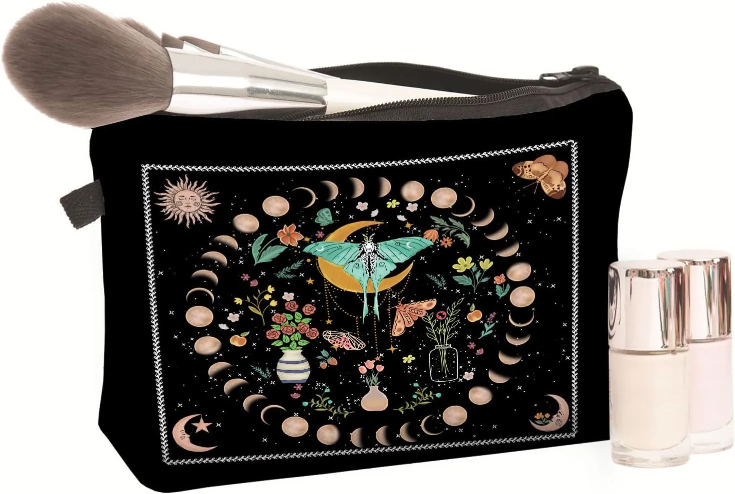 Evergoo 2 Pieces Funny Cosmetic Pouch for Women, Allover Printed Small Zipper Pouches Adorable Makeup Bags Roomy Toiletry Pouch Travel Accessories Organizer Gifts-Phase of the moon