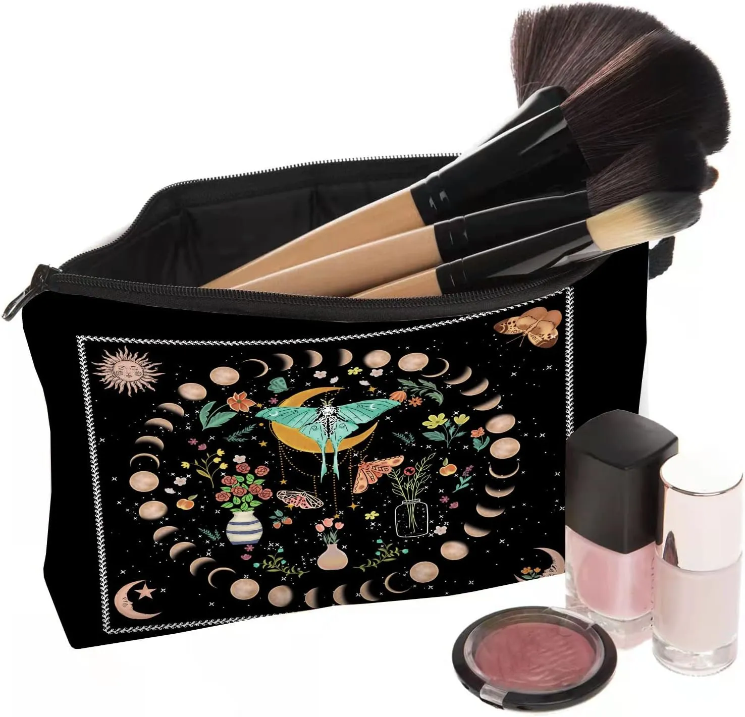 Evergoo 2 Pieces Funny Cosmetic Pouch for Women, Allover Printed Small Zipper Pouches Adorable Makeup Bags Roomy Toiletry Pouch Travel Accessories Organizer Gifts-Phase of the moon