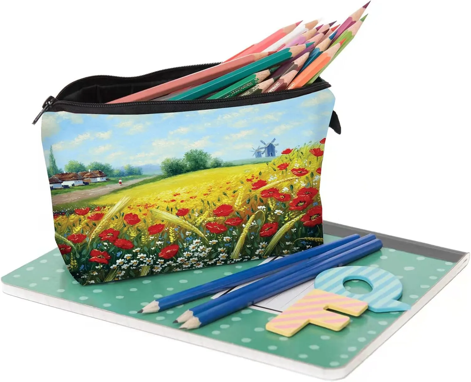 Evergoo 2 Pieces Funny Cosmetic Pouch for Women, Allover Printed Small Zipper Pouches Adorable Makeup Bags Roomy Toiletry Pouch Travel Accessories Organizer Gifts (Scenery Painting)