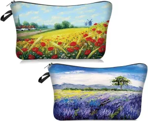 Evergoo 2 Pieces Funny Cosmetic Pouch for Women, Allover Printed Small Zipper Pouches Adorable Makeup Bags Roomy Toiletry Pouch Travel Accessories Organizer Gifts (Scenery Painting)