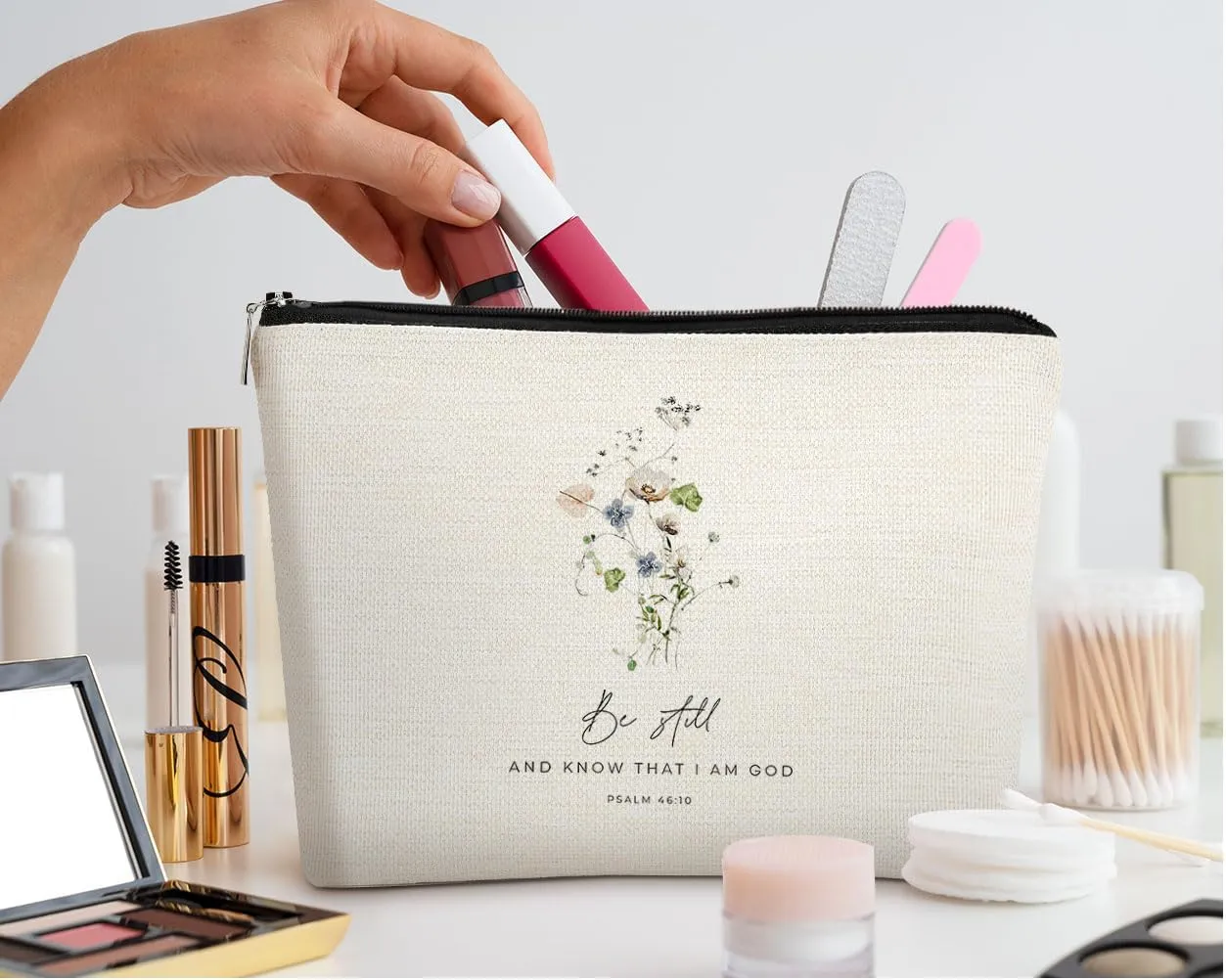 EXUQO Bible Makeup Bag,Christian Psalms 46:10 Be still and Know That I am God Small Cosmetic Bag,Christian Scripture Cosmetic Pouch Gifts for Women Girls
