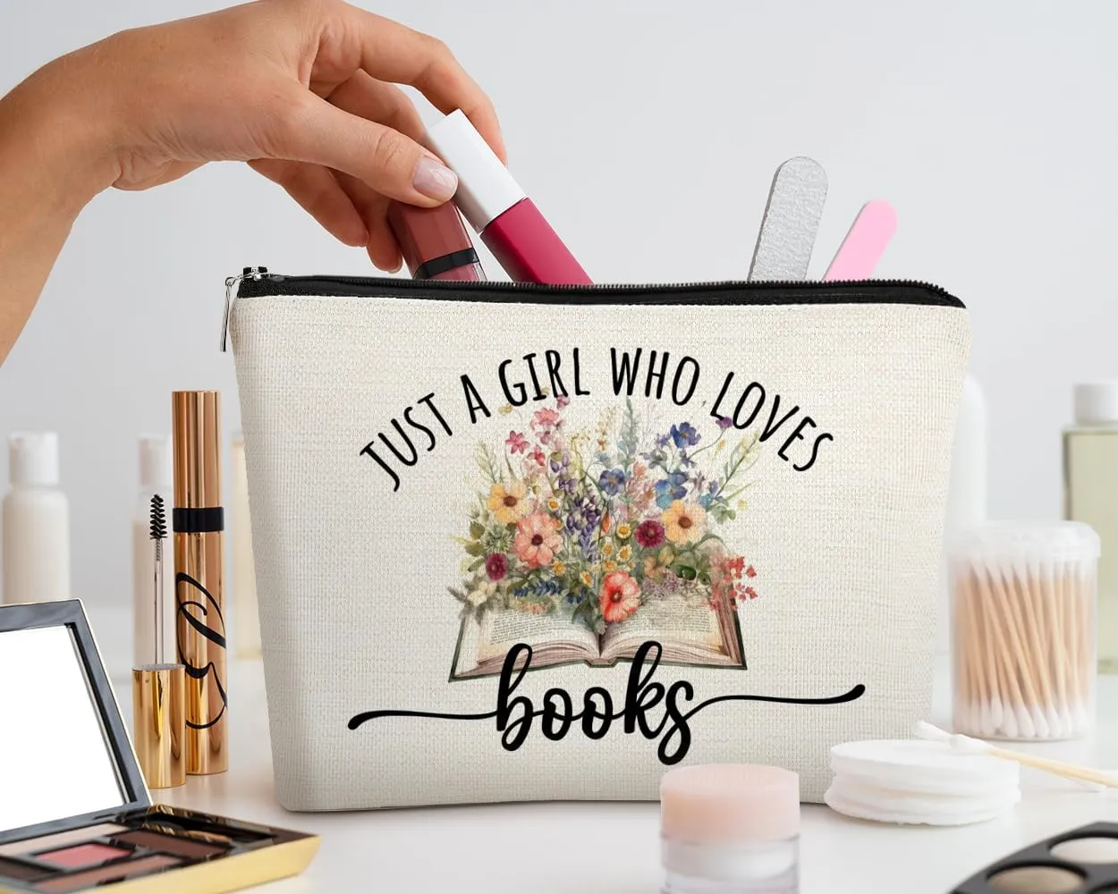 EXUQO Book Lovers Gifts,Book Gift for Book Worm Reader Teen Girls Daughter Sister Cosmetic Bag,Just A Girl Who Loves Books Small Makeup Bag,Zipper Pouch Bag Travel Bag