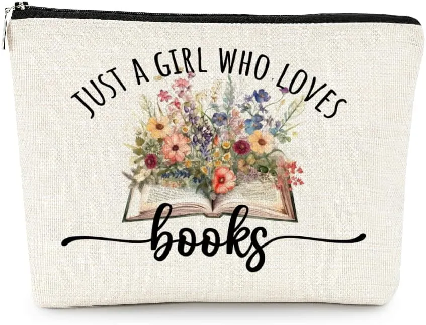EXUQO Book Lovers Gifts,Book Gift for Book Worm Reader Teen Girls Daughter Sister Cosmetic Bag,Just A Girl Who Loves Books Small Makeup Bag,Zipper Pouch Bag Travel Bag