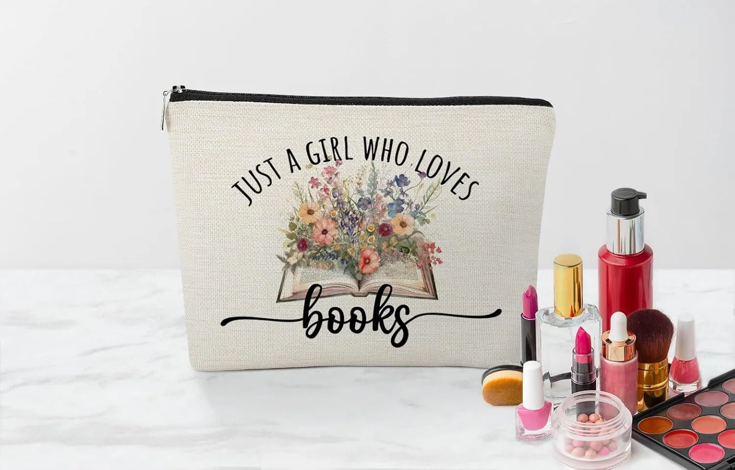 EXUQO Book Lovers Gifts,Book Gift for Book Worm Reader Teen Girls Daughter Sister Cosmetic Bag,Just A Girl Who Loves Books Small Makeup Bag,Zipper Pouch Bag Travel Bag