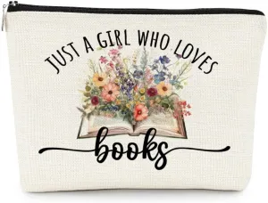 EXUQO Book Lovers Gifts,Book Gift for Book Worm Reader Teen Girls Daughter Sister Cosmetic Bag,Just A Girl Who Loves Books Small Makeup Bag,Zipper Pouch Bag Travel Bag